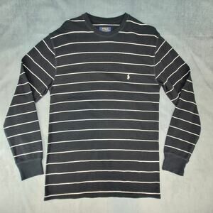 Polo Ralph Lauren Mens Large Black White Striped Waffle Thermal Crewneck